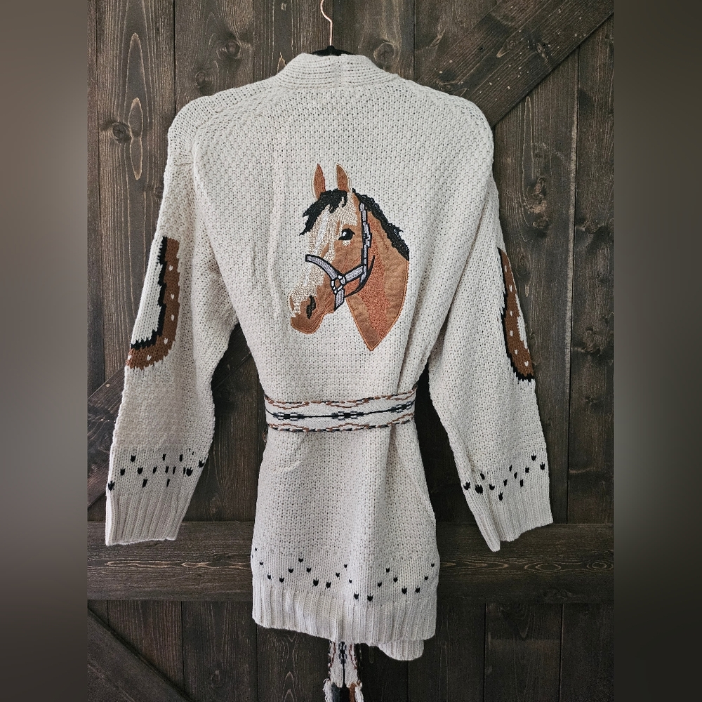 NWT Lucky And Blessed Western Embroidered Horse Belted Cardigan Sweater - Picture 2 of 11